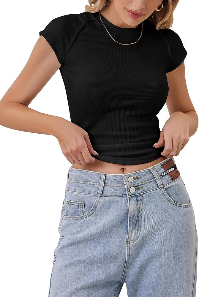 MISSACTIVER Women Cap Sleeve Ribbed Knit T-Shirt Summer Crew Neck Basic Tee Shirts Casual Solid S... | Amazon (US)