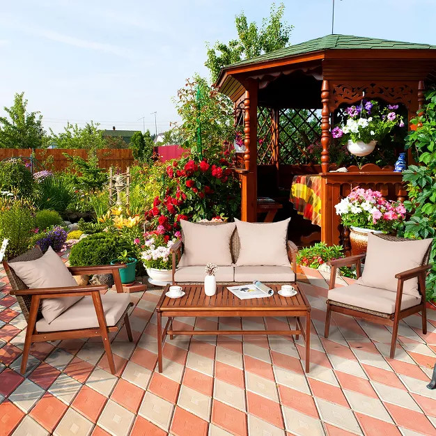 Costway 4PCS Patio Rattan Furniture Set Acacia Wood Frame Cushioned Sofa Chair Garden | Target