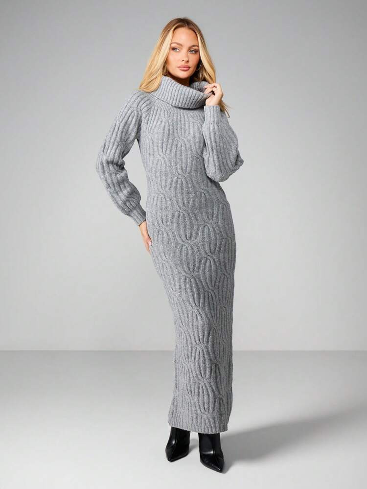 MISSGUIDED Long Sleeve Cable Knit Turtleneck Maxi Sweater Dress Winter Fall Cozy Pullover | SHEIN
