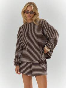 MUSERA Striped Long Sleeve Oversized Soft Boxy Fit Top Only Fall Autumn Cosy Cute Casual Coffee C... | SHEIN