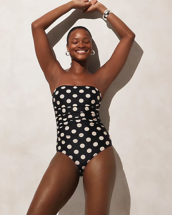 Long-torso ruched bandeau one-piece swimsuit in dot print | J.Crew US