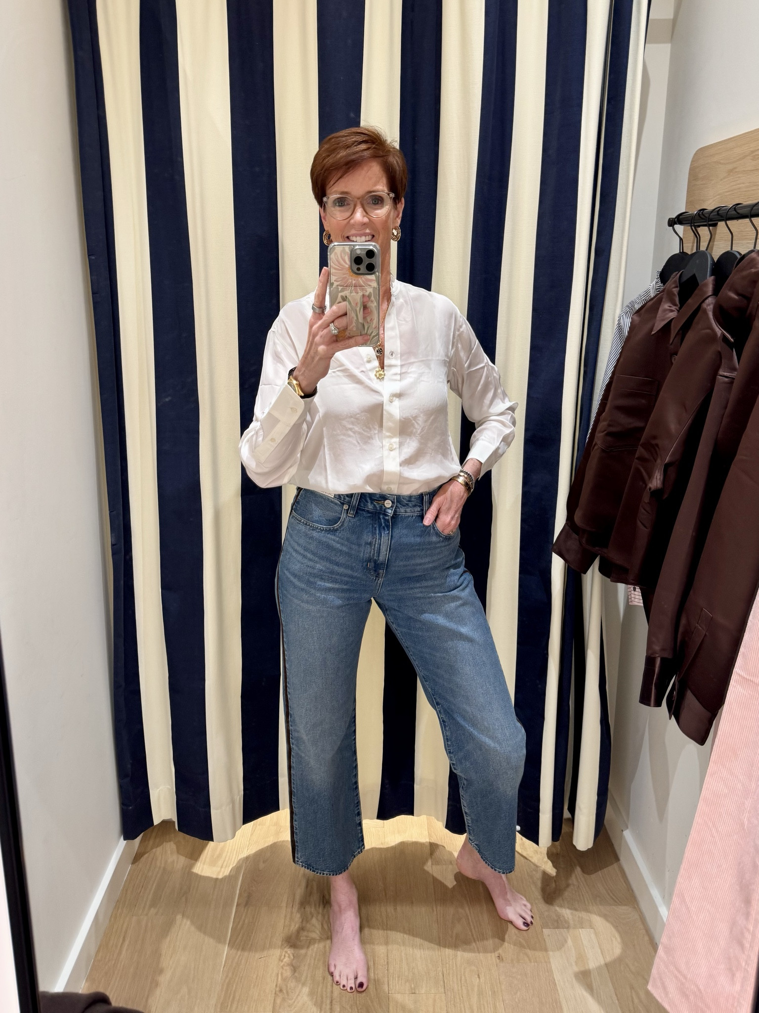 JCrew white ruffle stand up collar button down shirt
Size 8
Straight jeans with suede stripe size 29

A crisp white shirt paired with statement denim instantly elevates an everyday outfit.

#LTKootd #LTKOver40 #LTKTall