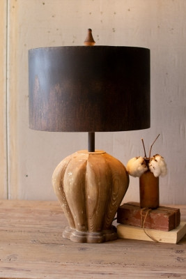 Kalalou Table Lamp with Natural Wooden Base and Dark Metal Barrel Shade, Natural/Brown | Ashley Homestore