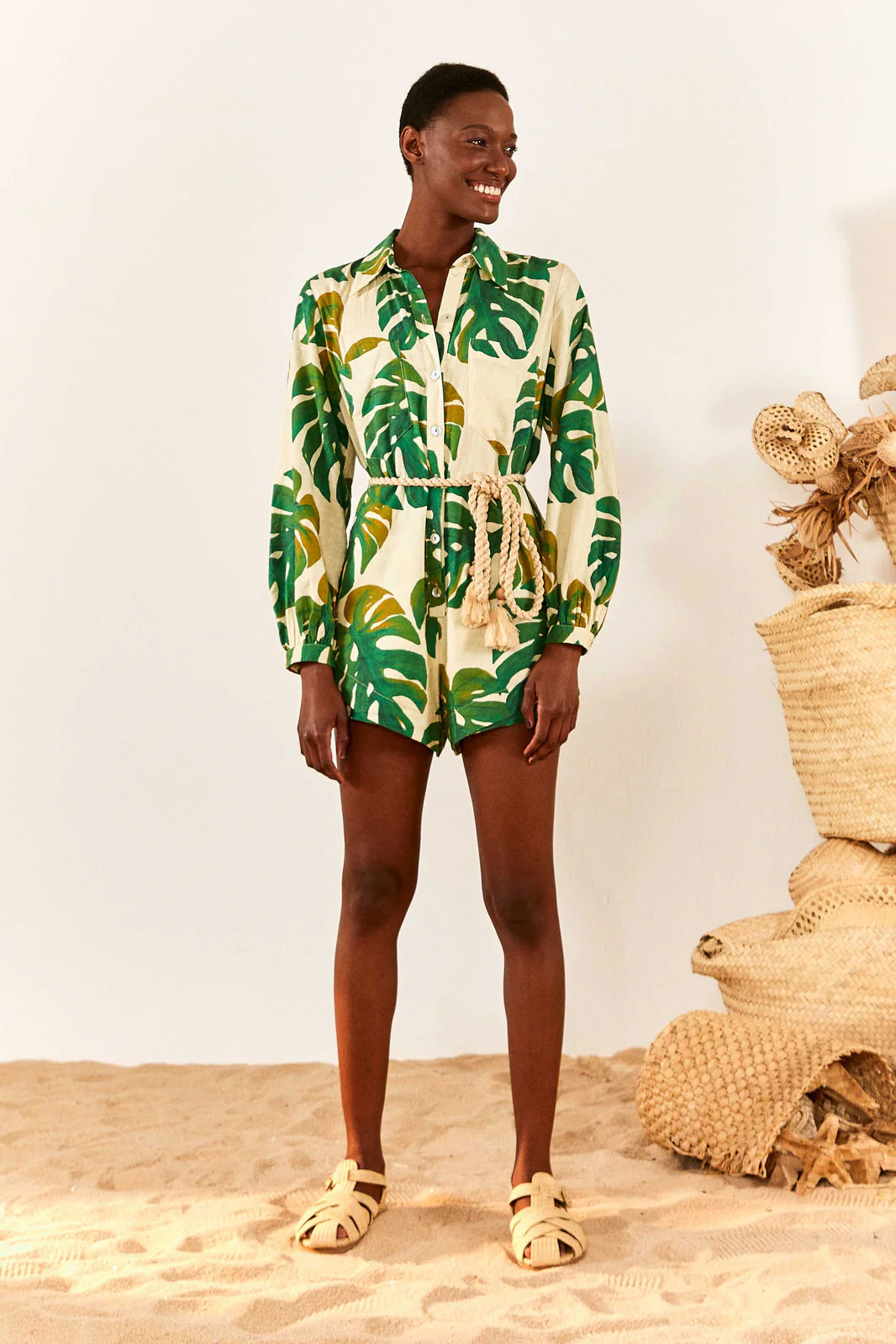 White Monstera Long Sleeve Romper | FarmRio (US)