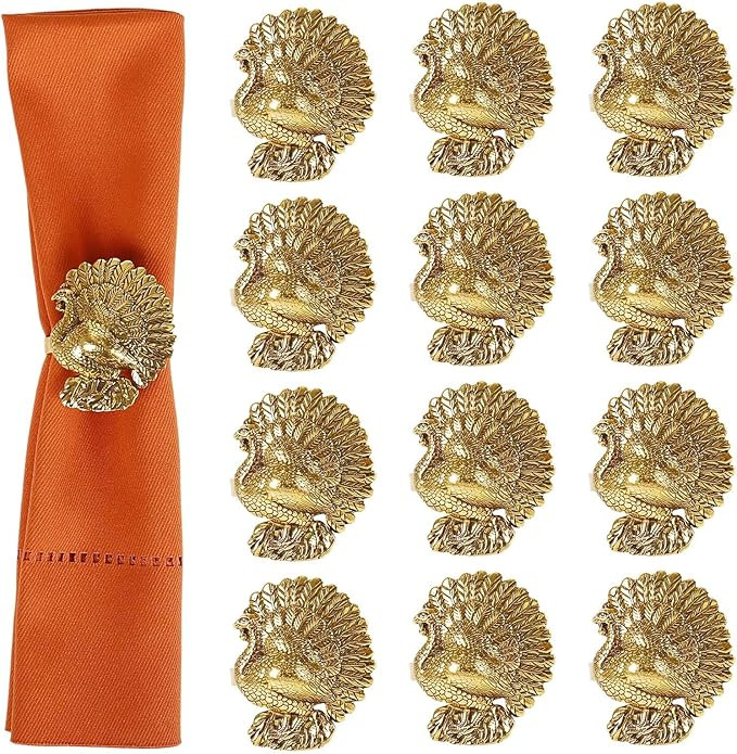 Thanksgiving Napkin Rings - Vintage Bronze Turkey Design, Rustic Fall Table Decor for Holiday Din... | Amazon (US)
