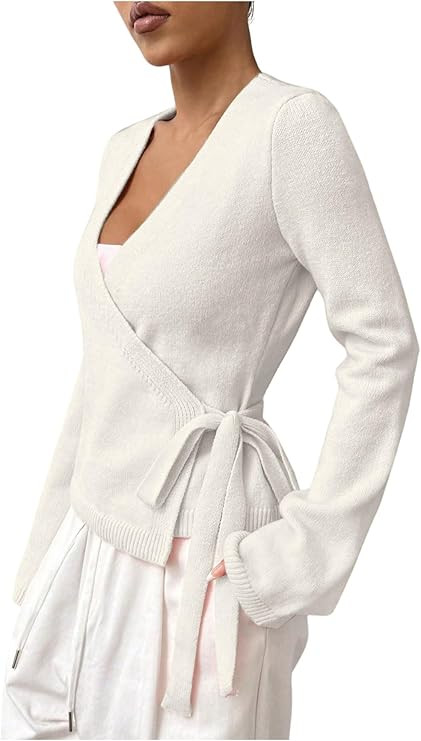Verdusa Women's Cozy V Neck Wrap Tie Front Cardigan Casual Knit Quiet Luxury Clothes | Amazon (US)
