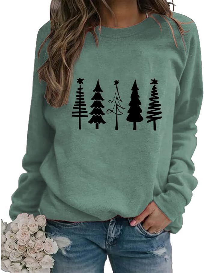 Christmas Tree Graphic Sweatshirts for Women, Cute Holiday Tops Casual Loose Long Sleeve Crew Nec... | Amazon (US)