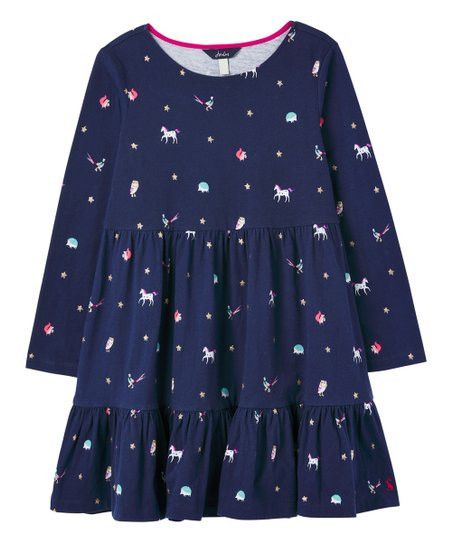 Joules Navy Animals Evelyn Tiered Long-Sleeve Dress - Toddler & Girls | Zulily