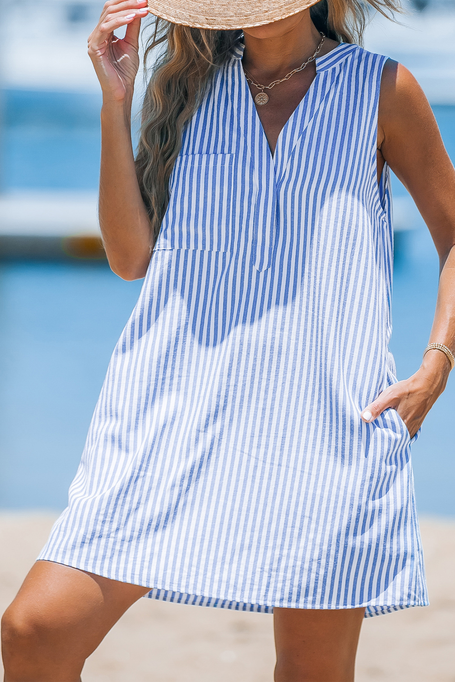 Blue & White Stripe Sleeveless V-Neck Mini Dress | Cupshe US