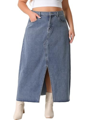 Agnes Orinda Women's Plus Size Vintage Denim Maxi Skirt Frayed Raw Hem High Waist Front Slit Long Jean Skirts 4X Gray Blue | Amazon (US)