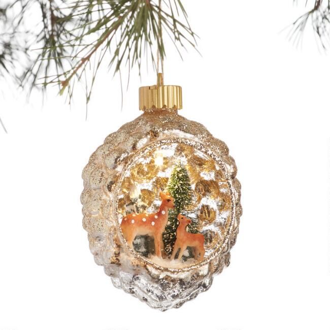 Glass Pinecone Deer Scene LED Light Up Ornament | World Market