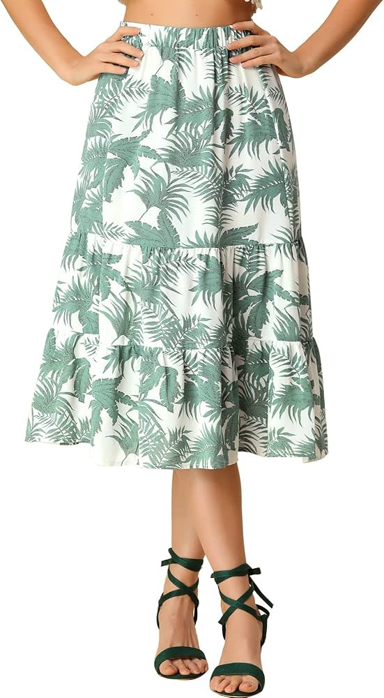 Allegra K Tiered Skirt for Women's Summer Beach Hawaiian Tropical Boho Midi Skirt | Amazon (US)