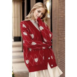 Diamond-Shape Heart Pattern Button-Up Cardigan in Red | Chicwish