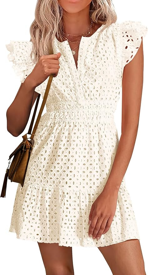 PRETTYGARDEN Women's 2026 Summer Sundresses Eyelet Cap Sleeve V Neck Short Boho Wedding Guest Dre... | Amazon (US)