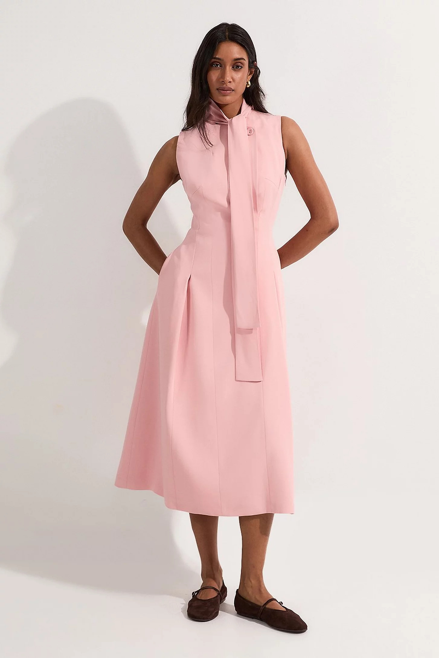 Compact Stretch Viscose Tie Neck Tailored Full Skirted Midi Dress | Karen Millen | Karen Millen UK + IE + DE + NL