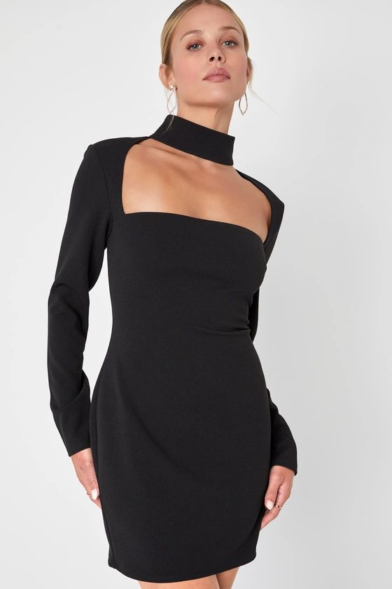 Flirty Business Black Long Sleeve Mock Neck Cutout Mini Dress | Lulus (US)