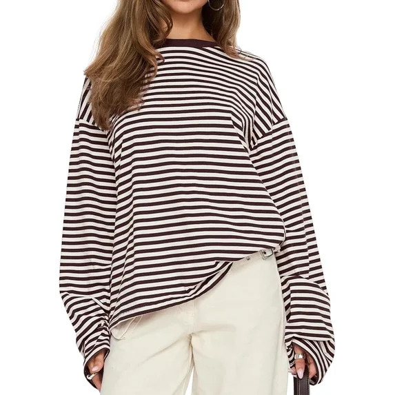 Carlikeit Women Oversized Striped Long Sleeve T Shirt 2026 Crewneck Casual Loose Fit Y2K Fashion ... | Walmart (US)