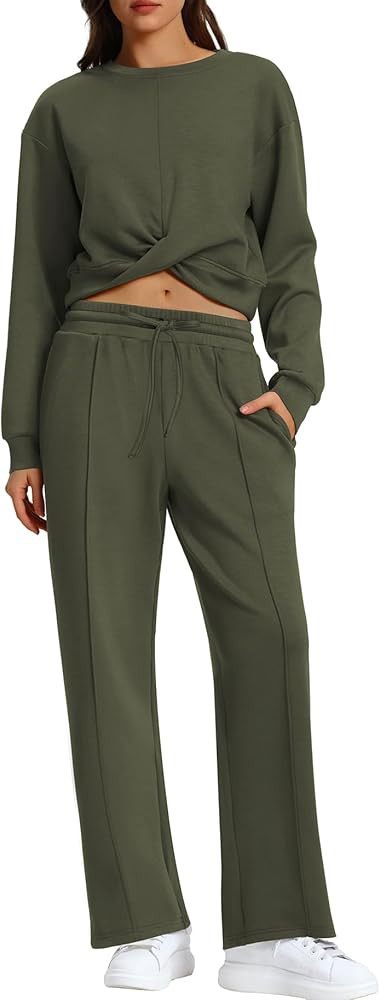 WIHOLL Women 2 Piece Lounge Sets Twist Front Cropped Sweatshirt Wide Leg Sweatpant Fall Outfits C... | Amazon (US)