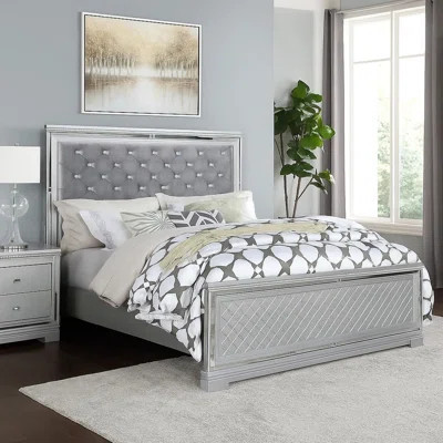 Fery Queen Size Bed, Gray Velvet Upholstery, Silver Mirror Accents | Wayfair North America