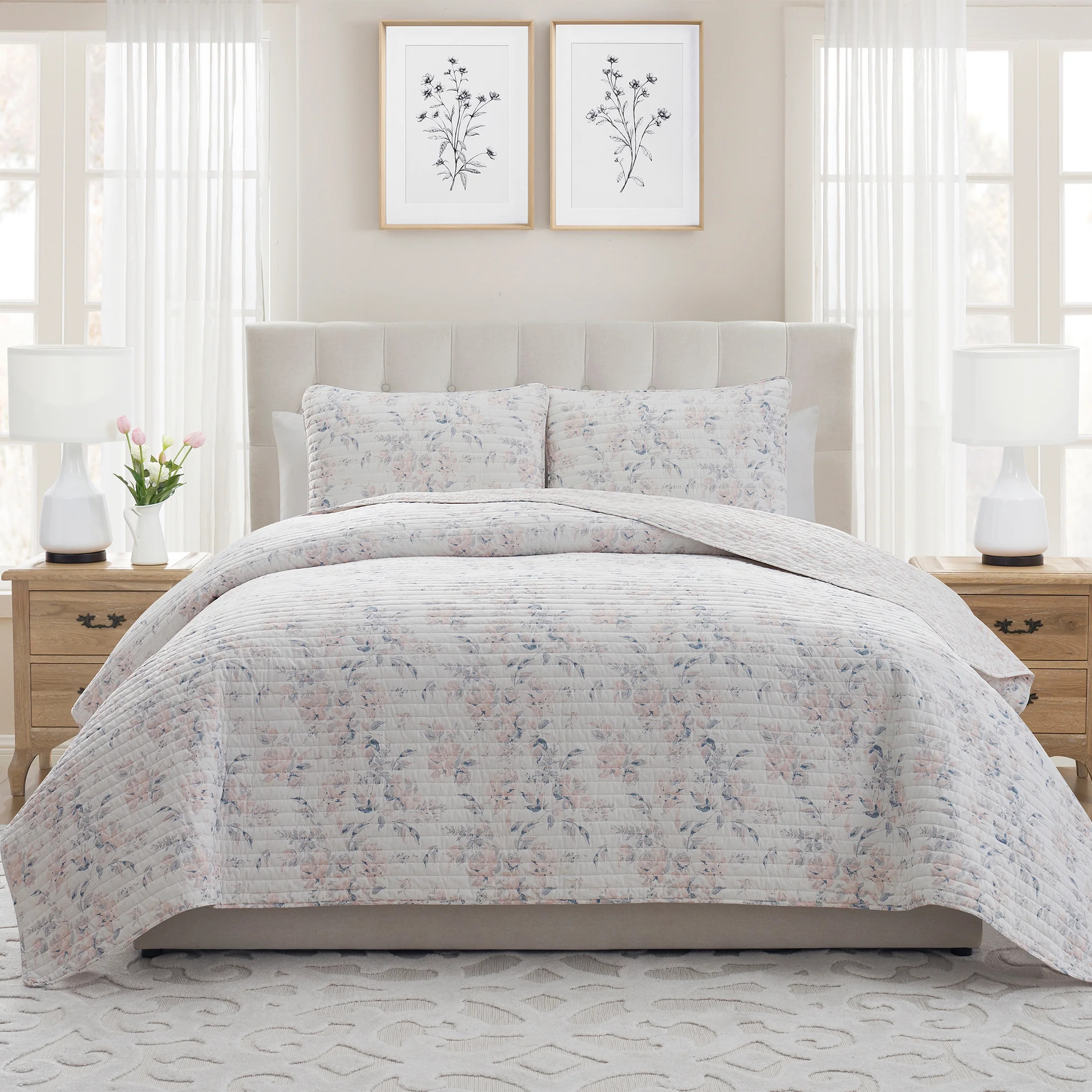 My Texas House Rebecca 3-Piece White/Pink Floral Reversible Cotton Quilt Set, King | Walmart (US)