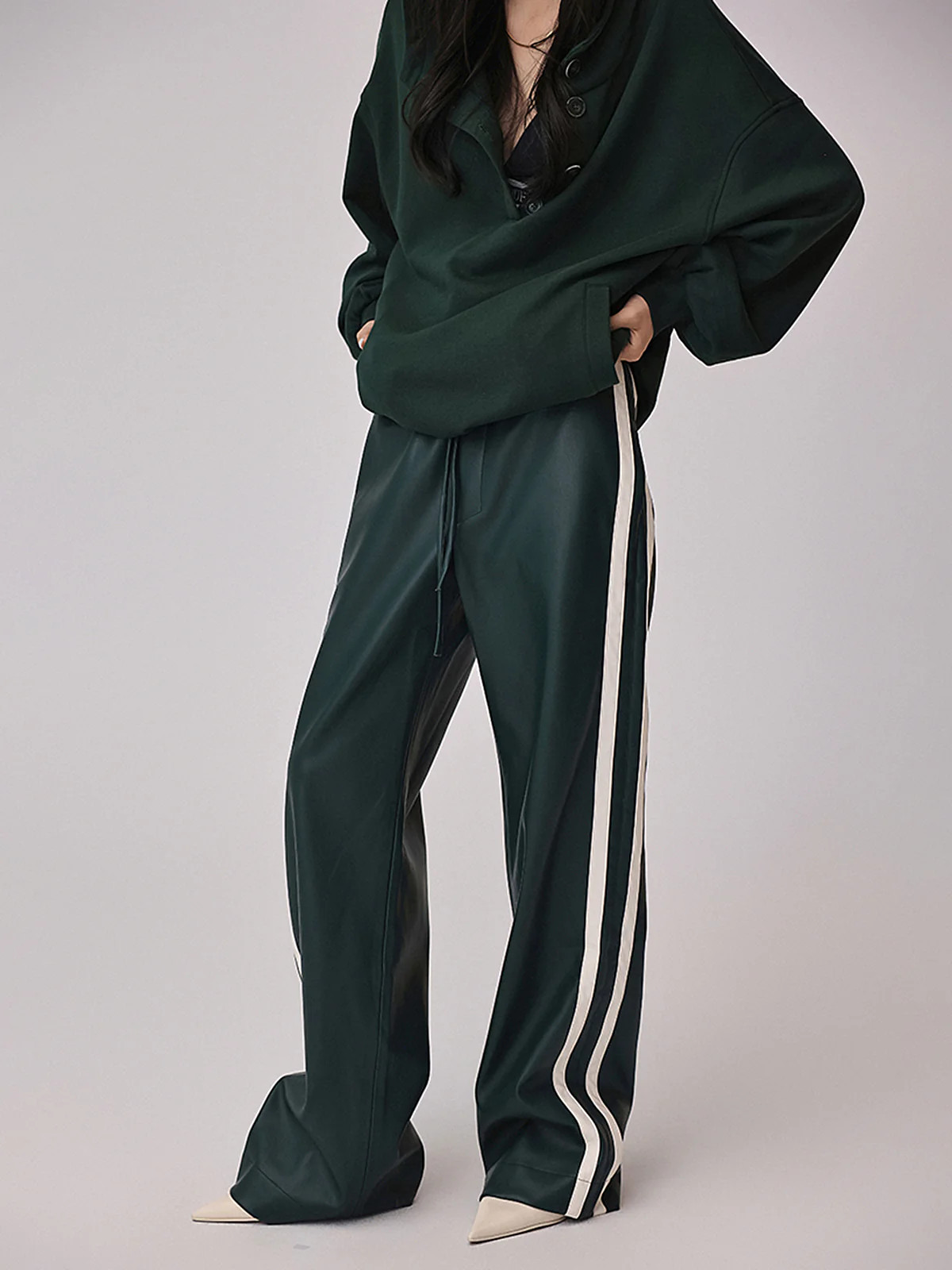 Striped High-Waisted PU Leather Drawstring Pants | Commense