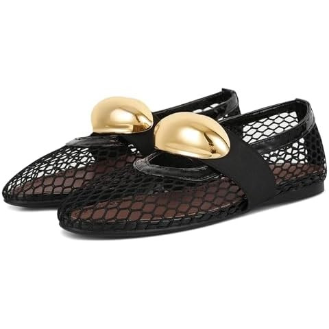 Mesh Ballet Flats for Women Brass Jewel Fishnet Flats with Strap Round Toe Ballerina Shoes Casual... | Amazon (US)