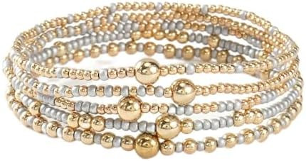 Dainty Gold Beaded Stack Bracelets for Women,Handmade Boho Colorful Beads Ball Stackable Bracelet... | Amazon (US)