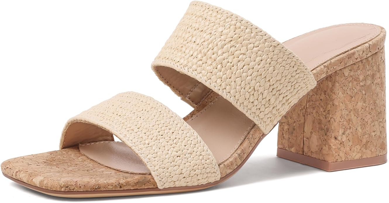 Ancomafio Heeled Sandals for Women Raffia Sandals 2025 Chunky Block Heels Square Open Toe Heels D... | Amazon (US)