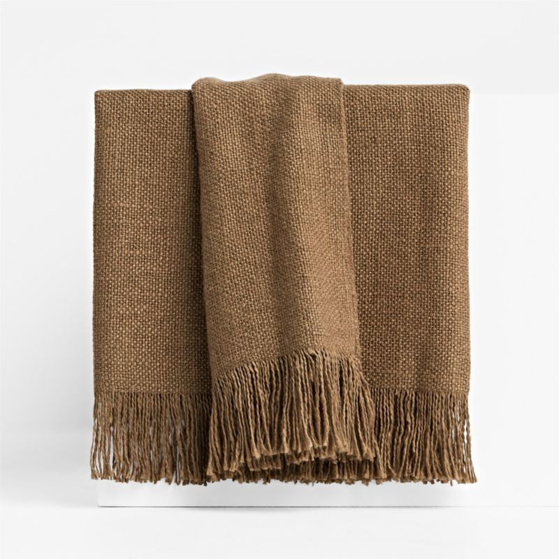 Casual Textured Fringe 70"x55" Camel Tan Throw Blanket | Crate & Barrel
