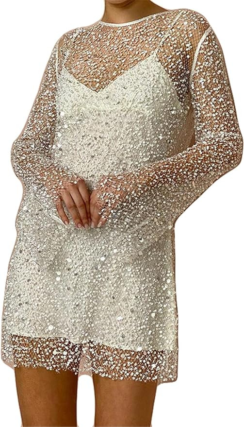 Womens Sexy 2 Pieces Mesh See-Through Sequins Bodycon Party Clubwear Dress Outfits Set | Amazon (US)