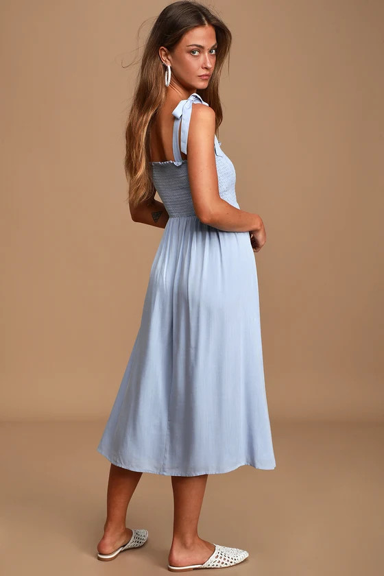 Looking Up Light Blue Smocked Tie-Strap Midi Dress | Lulus (US)