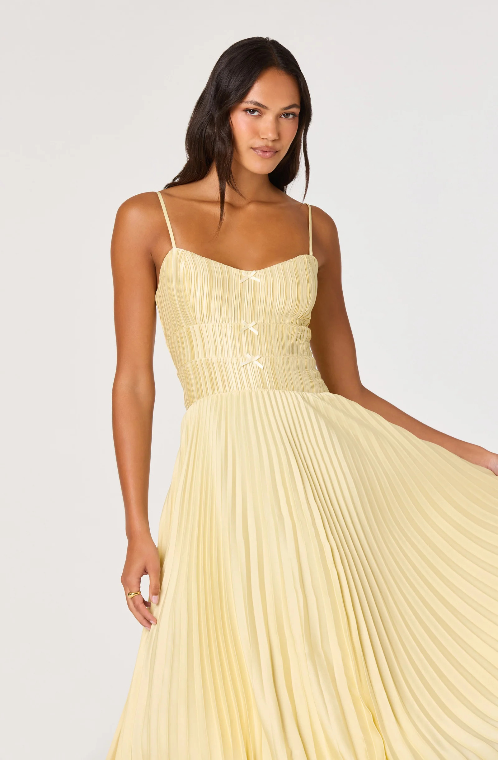 Shionagh Satin Bow-Detail Pleated Midi Dress - Yellow / XS | ASTR The Label (US)