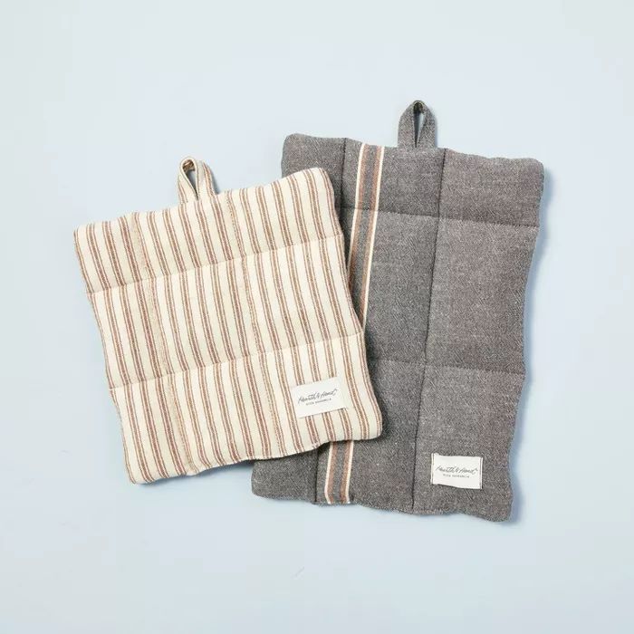 2pc Seasonal Stripes Potholder Set Railroad Gray/Pumpkin Brown - Hearth & Hand™ with Magnolia | Target