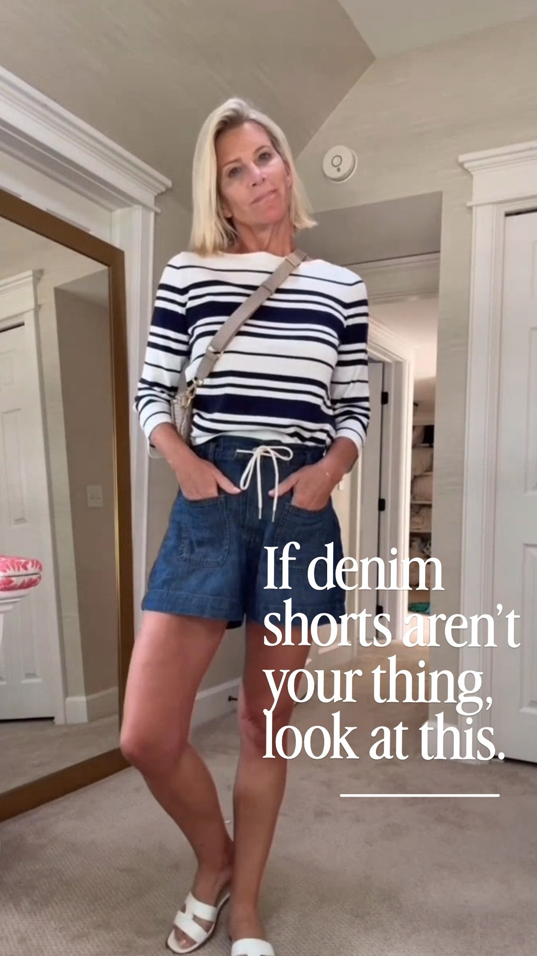 You can never go wrong with stripes and denim. These drawstring denim shorts are comfortable, the striped sweater is a timeless staple, and the crossbody pulls it all together.

👩‍💻 LTK PRO TIPS
❤️ Heart = Support my posts ;-)
🔖 Save = Get sale & restock alerts for the things you love!
📋 Lists = Keep favorites organized (List ideas: Christmas, Birthdays, and Vacations!)
📲 Share = Send lists and products to a friend (or your daughters like me).
💬 Comment = Ask me anything, and I’ll answer. ;-)

#LTKootd #LTKSeasonal #LTKOver40