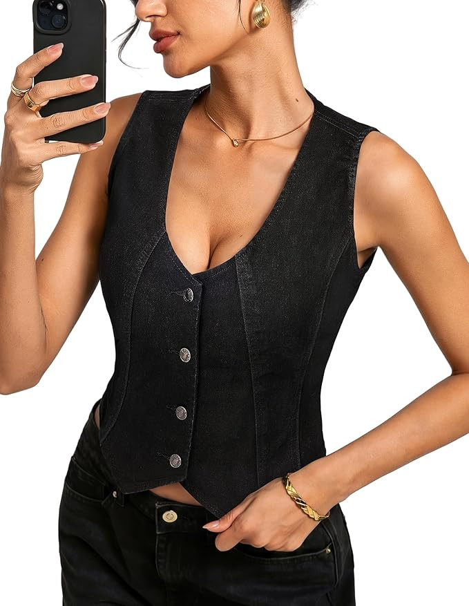 Kate Kasin Women's Denim Vest, Sleeveless Stretch Button Down Jean Vest for Women, Casual Fitted ... | Amazon (US)
