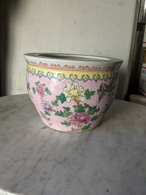 Chinese Porcelain Fish Bowl Planter Hummingbird, Flowers, Pink Vase 7" x 9.75" | eBay AU