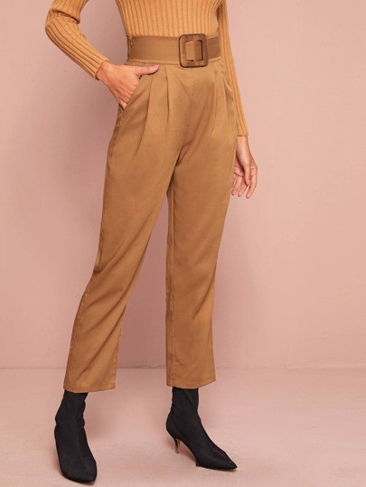 SHEIN Pleated Front Slant Pocket Buckle Belted Pants | SHEIN