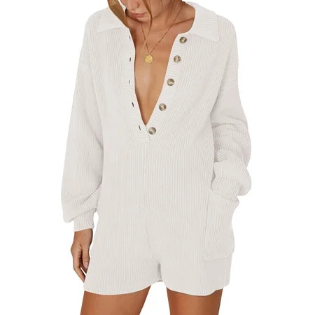 Thaisu Women’s Ribbed Knit Rompers Long Sleeve Solid Color Button Down Jumpsuit Shorts Loungewear | Walmart (US)
