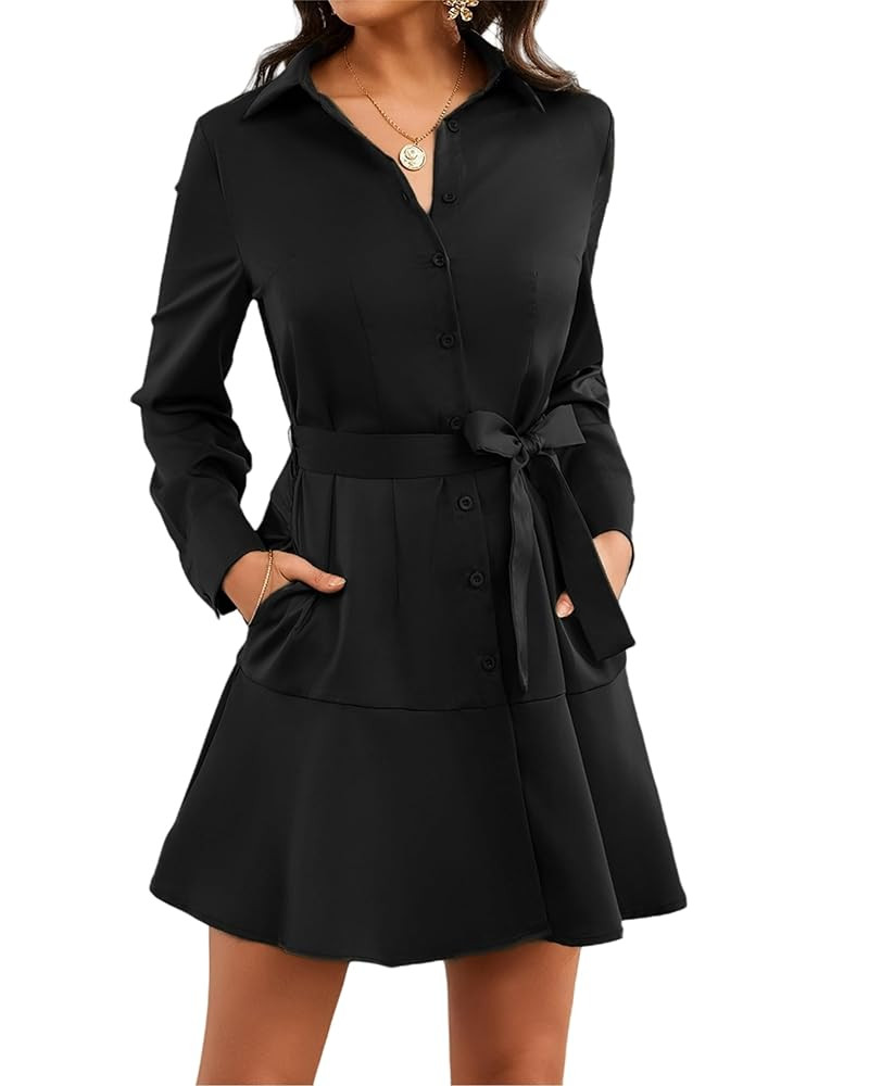 Women's Long Sleeve Collar Button Up Shirt Dress with Belt for Work | Amazon (US)