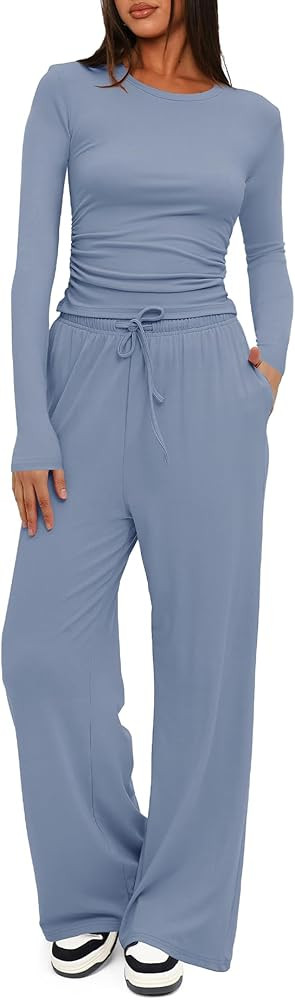 Darong Women's 2 Piece Outfits Lounge Sets 2025 Fall Long Sleeve Tops Wide Leg Pants Casual Match... | Amazon (US)