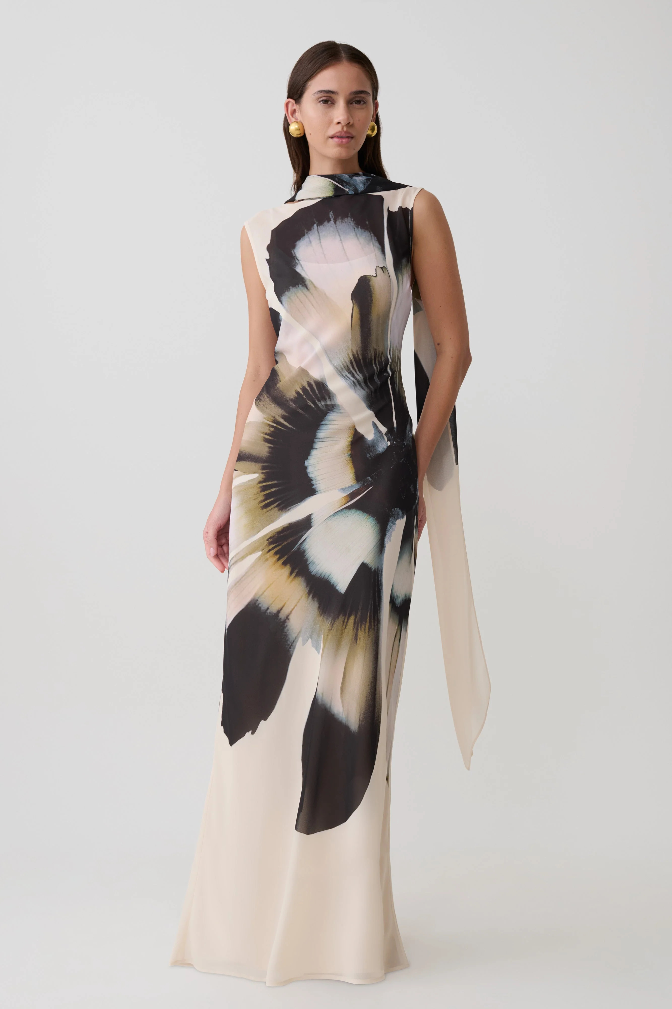 Dakota Chiffon Maxi Dress With Scarf - Ivory Oversized Floral Print | MESHKI US