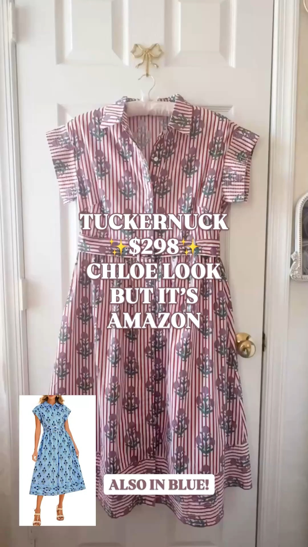 Tuckernuck Chloe dress look for less, Tuckernuck Chloe dupe, Tuckernuck inspired dress, belted midi dress women, cotton midi dress women, floral shirt dress, blue floral midi dress, wedding guest dress, summer dress women

The Tuckernuck Chloe Dress retails for $298. This Amazon version gives you the same polished belted shirt dress silhouette without the $298 price tag.

It reads classic Tuckernuck summer: crisp collar, button front, belted waist, full midi skirt, red floral blockprint stripe print, and that border hem detail that makes it look far more expensive than it is.

It’s 100% cotton. Lightweight, breathable, structured, and wearable for summer plans.

This is the dress for the woman searching for:
 wedding guest dress, summer wedding guest dress, bridal shower dress, baby shower dress, graduation guest dress, vacation dinner dress, church dress, brunch dress, resort dress, country club dress, preppy summer dress, blue floral midi dress, cotton midi dress, and designer look for less dresses.

It has that Palm Beach, garden party, coastal preppy, “she always finds the good stuff” kind of energy.

Also available in a blue blockprint if you want the same Tuckernuck Chloe silhouette in a coastal palette.

TTS. I did size up to a large for the bust. I recommend doing so if you’re bigger in bust. Everywhere else is true to size. 

Tuckernuck Chloe look for less, Tuckernuck dupe, Amazon designer look for less, Amazon dress find, belted midi dress, floral midi dress, shirt dress women, cotton summer dress, blue and white dress, preppy dress women, Palm Beach style dress, affordable designer inspired dress

#LTKFindsUnder100 #LTKFindsUnder50 #Tuckernuck #LookForLess #PreppyStyle #WeddingGuestDress #SummerDress #AmazonFinds #LTKWedding #LTKSeasonal

#LTKSeasonal #LTKWedding #LTKMothersDay