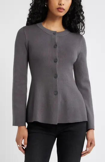 Open Edit Button Front Peplum Cardigan in Grey Medium Charcoal Heather at Nordstrom Rack, Size X-Large | Nordstrom Rack