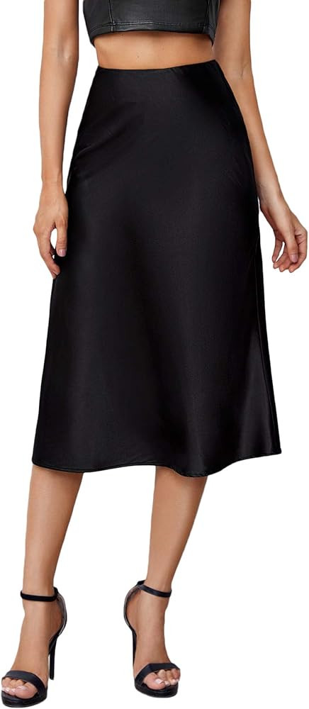 Verdusa Women's Elegant High Waist Satin A Line Flared Midi Skirt | Amazon (US)