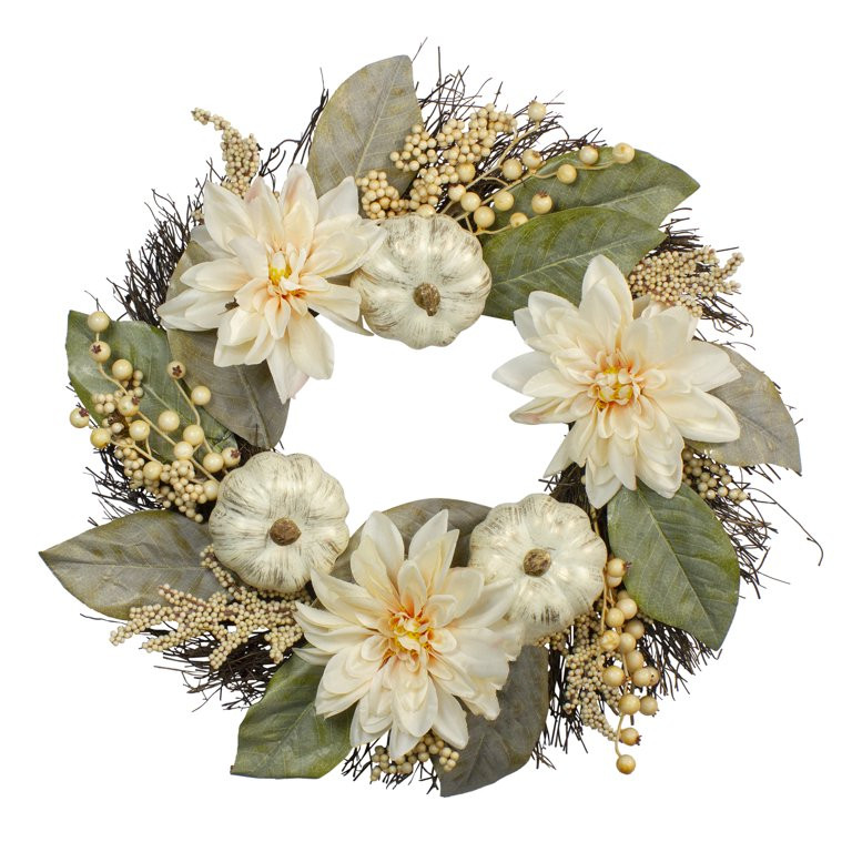 Autumn Harvest White Dahlia Berry and Pumpkin Grapevine Wreath - 22-Inch Unlit | Walmart (US)