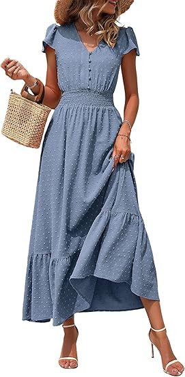 PRETTYGARDEN Womens Dresses 2023 Boho Dress Short Sleeve V Neck Swiss Dot Ruffle Tiered Maxi Dres... | Amazon (US)