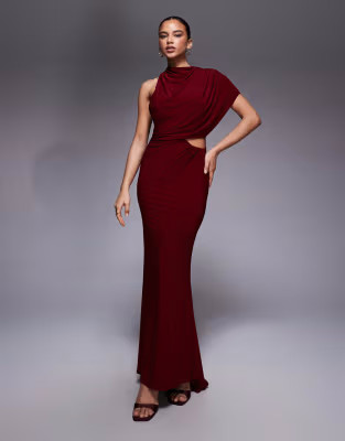 ASOS DESIGN caped one shoulder cut out maxi dress with open back in wine | ASOS (Global)