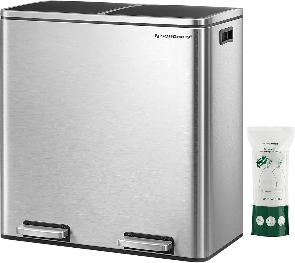 SONGMICS Trash Can, 2 x 8 Gallon (2 x 30 L) Garbage Can for Kitchen, with 15 Trash Bags, 2 Compar... | Amazon (US)