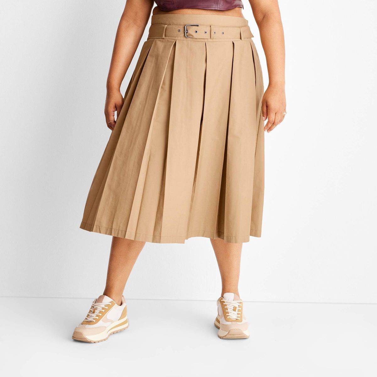 Women's Belt Buckle Pleated Midi Skirt - Future Collective™ with Reese Blutstein Tan | Target