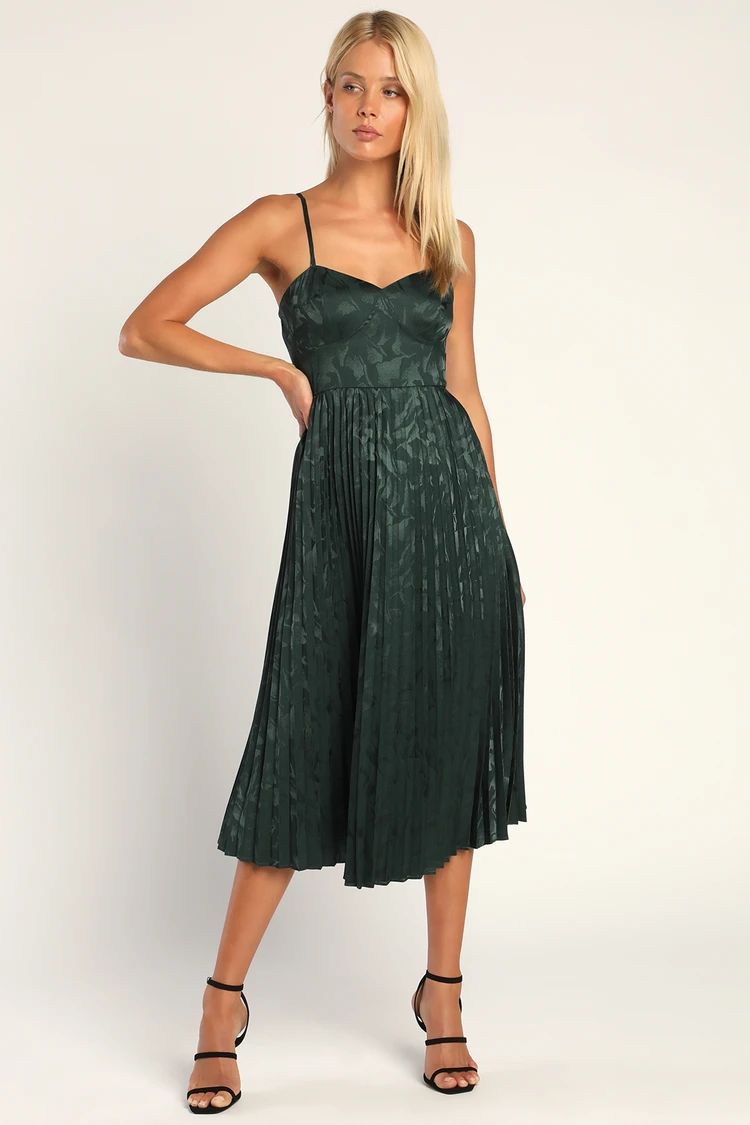 Chic Sensibility Dark Green Satin Jacquard Pleated Midi Dress | Lulus (US)